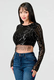 LUXE WAVE SEQUINS LONG SLEEVES STONE FRINGE DETAIL CROPPED TOP - Wear with style