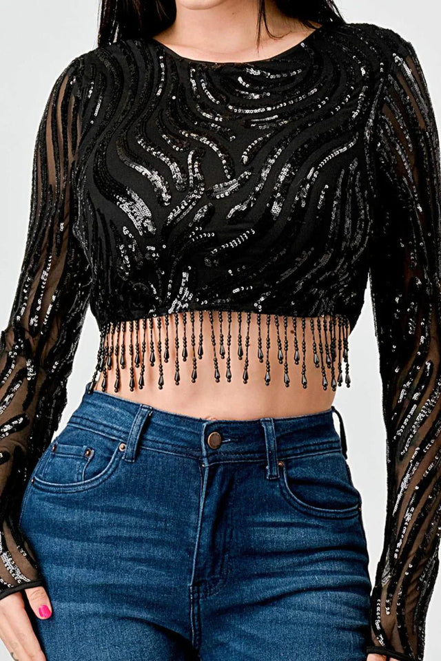 LUXE WAVE SEQUINS LONG SLEEVES STONE FRINGE DETAIL CROPPED TOP - Wear with style
