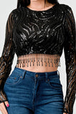 LUXE WAVE SEQUINS LONG SLEEVES STONE FRINGE DETAIL CROPPED TOP - Wear with style