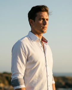 Jason// Cotton Knit-Stretch Button-Up Shirt With Contrast Details // White // Tailored Fit (Fitted)