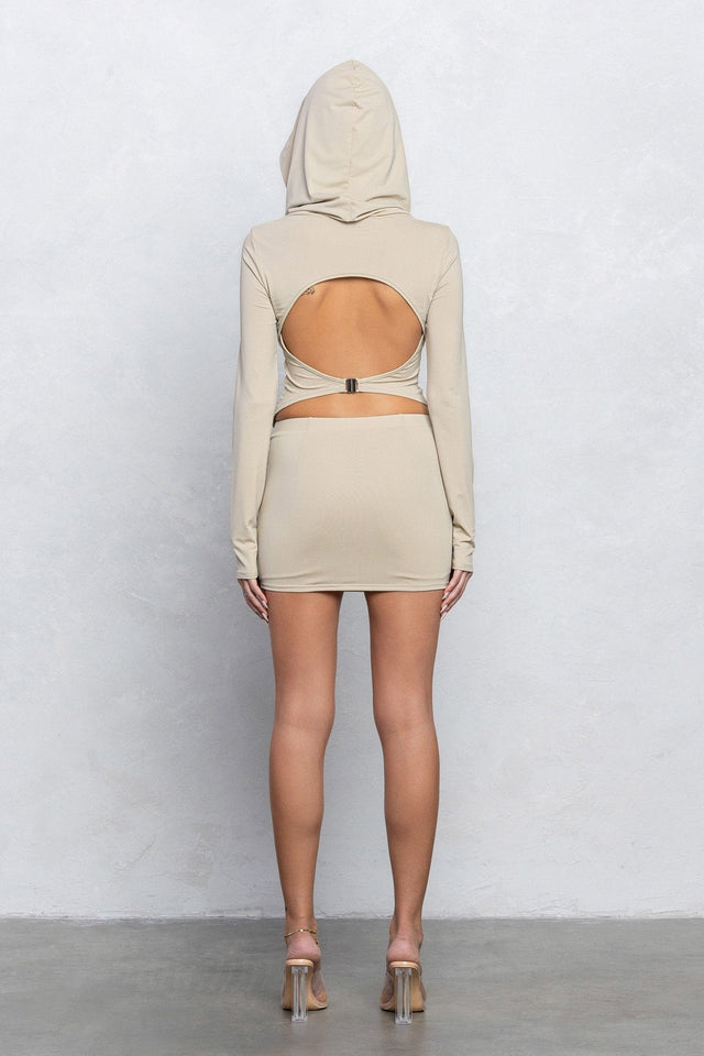 Marlin Heavy Nylon Hooded Cowl Top & Mini Skirt Set | Back Cut - Out Trendy Party Look - Wear with style