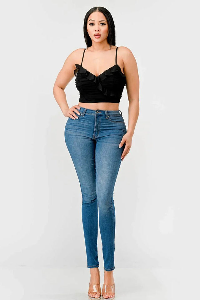 MESH CONTRAST RUCHED SWEETHEART WITH CHIFFON CAMISOLE RUFFLED CROPPED TOP - Wear with style