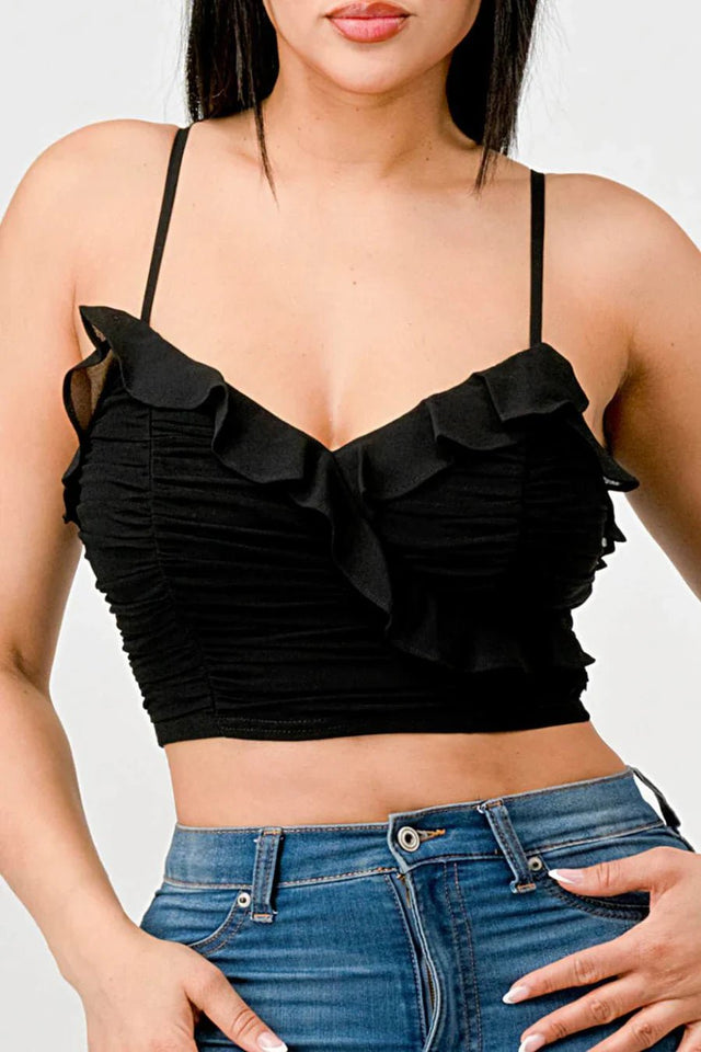 MESH CONTRAST RUCHED SWEETHEART WITH CHIFFON CAMISOLE RUFFLED CROPPED TOP - Wear with style