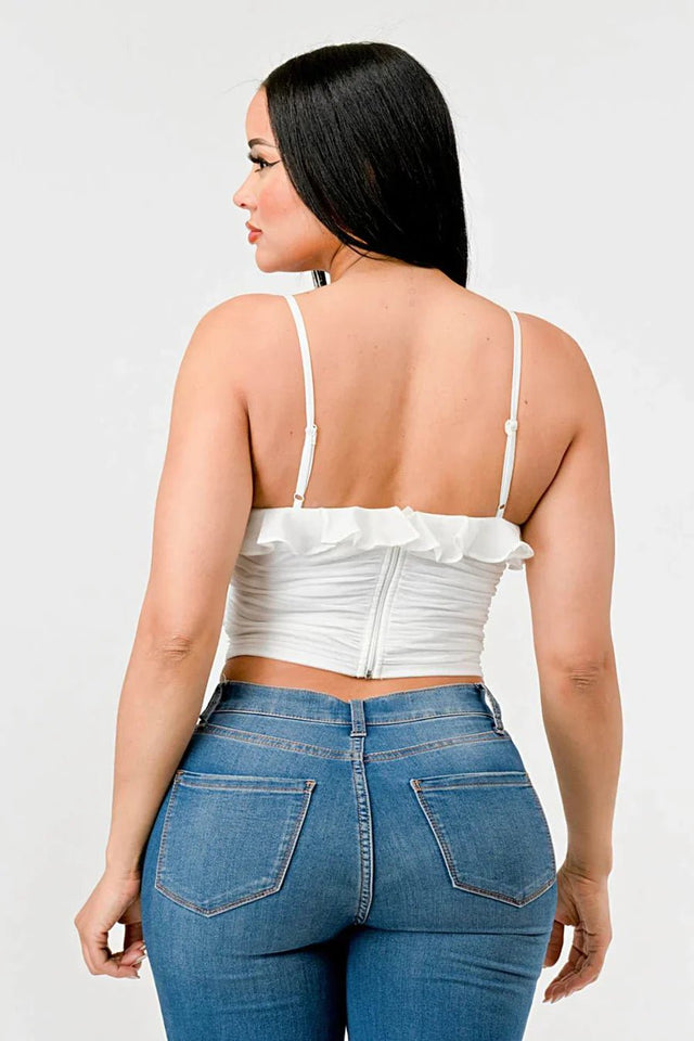 MESH CONTRAST RUCHED SWEETHEART WITH CHIFFON CAMISOLE RUFFLED CROPPED TOP - Wear with style