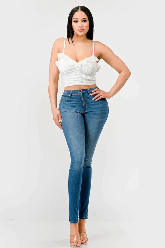 MESH CONTRAST RUCHED SWEETHEART WITH CHIFFON CAMISOLE RUFFLED CROPPED TOP - Wear with style