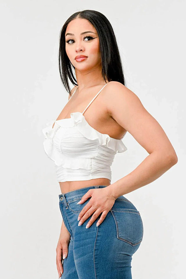 MESH CONTRAST RUCHED SWEETHEART WITH CHIFFON CAMISOLE RUFFLED CROPPED TOP - Wear with style