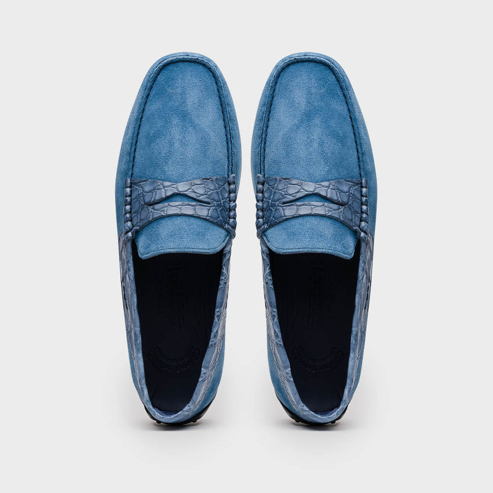31-160-DNM MONZA Sueded Calfskin with Crocodile Driver Denim