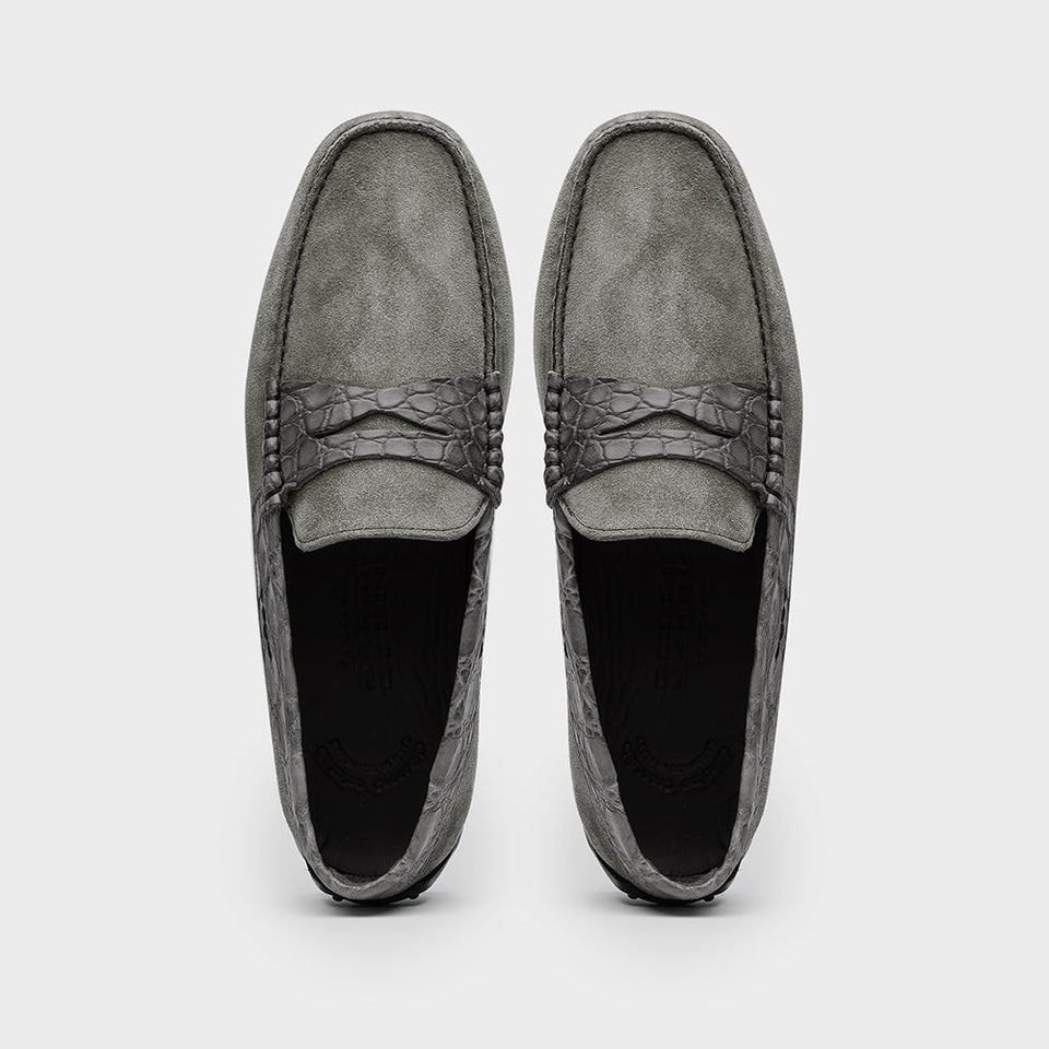 31-160-GRY MONZA Sueded Calfskin with Crocodile Driver, Grey