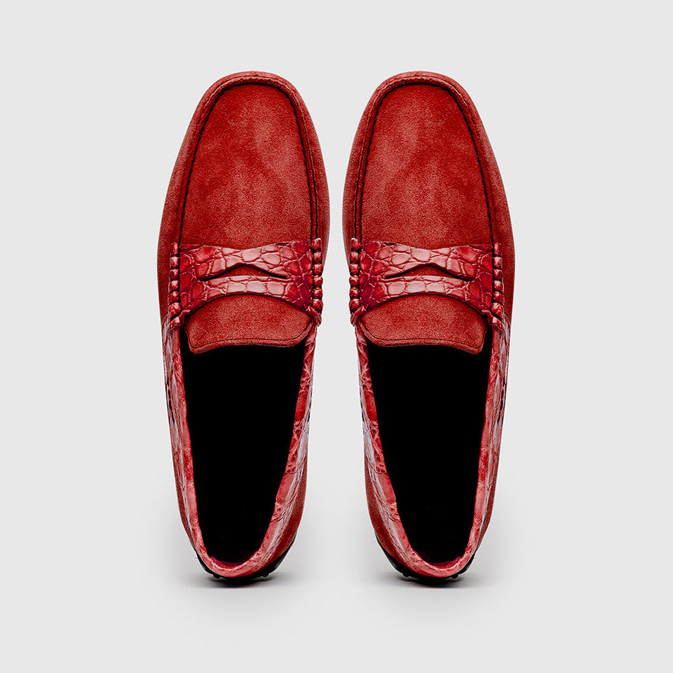 31-160-RED MONZA Sueded Calfskin with Crocodile Driver, Red