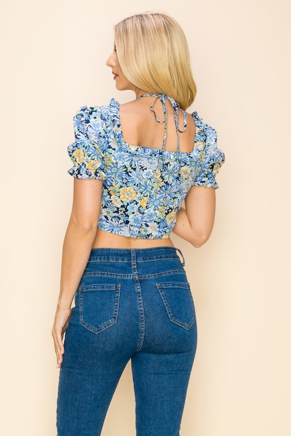 Multi color floral crop top with short sleeves and cut out design - Wear with style