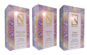 Natural Perfume Gift Set 3 × 1.76 fl oz Eau de Parfum A luxury trio of organic essential oil perfumes: Nourishing Blend, Rose, and Coconut. Natural, non - synthetic, sensual, and uplifting. - Wear with style