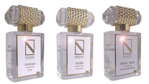 Natural Perfume Gift Set 3 × 1.76 fl oz Eau de Parfum A luxury trio of organic essential oil perfumes: Nourishing Blend, Rose, and Coconut. Natural, non - synthetic, sensual, and uplifting. - Wear with style