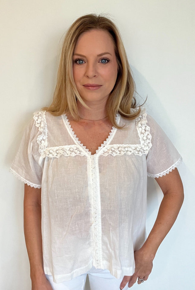 Nora Lace Trim Top-Ivory - Wear with style