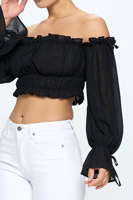 Off Shoulder Ruffle Trim Knot Sleeve Crop Top - Wear with style