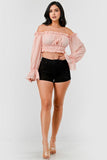 Off Shoulder Ruffle Trim Knot Sleeve Crop Top - Wear with style