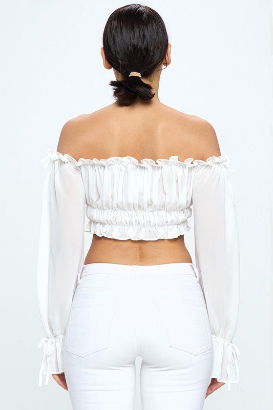 Off Shoulder Ruffle Trim Knot Sleeve Crop Top - Wear with style
