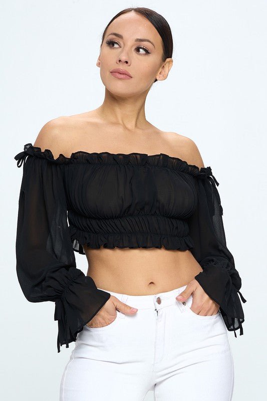 Off Shoulder Ruffle Trim Knot Sleeve Crop Top - Wear with style