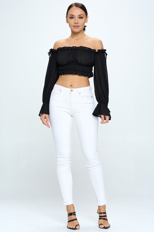 Off Shoulder Ruffle Trim Knot Sleeve Crop Top - Wear with style