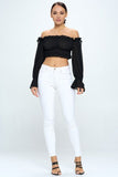 Off Shoulder Ruffle Trim Knot Sleeve Crop Top - Wear with style