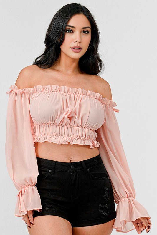 Off Shoulder Ruffle Trim Knot Sleeve Crop Top - Wear with style