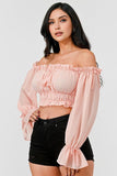 Off Shoulder Ruffle Trim Knot Sleeve Crop Top - Wear with style