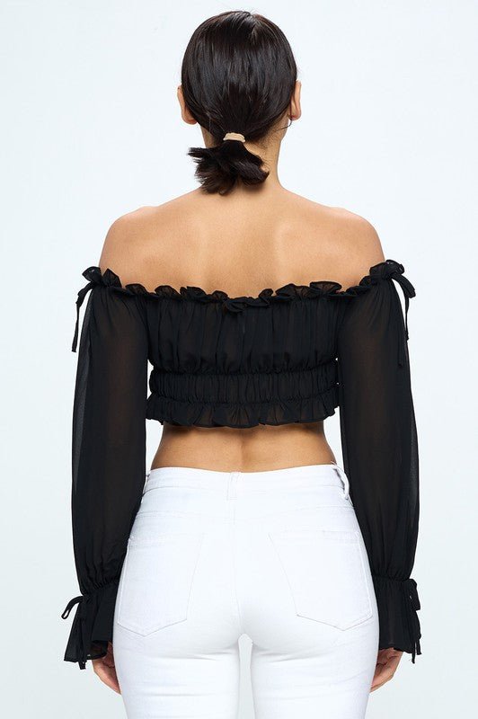Off Shoulder Ruffle Trim Knot Sleeve Crop Top - Wear with style