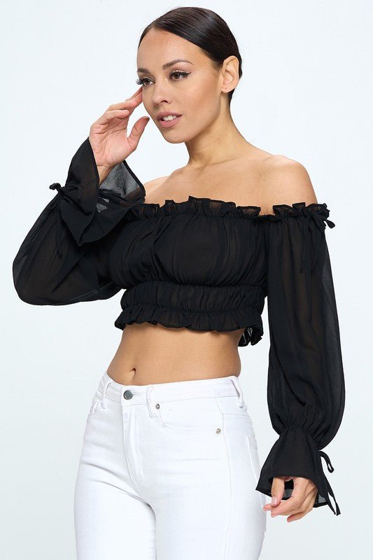 Off Shoulder Ruffle Trim Knot Sleeve Crop Top - Wear with style