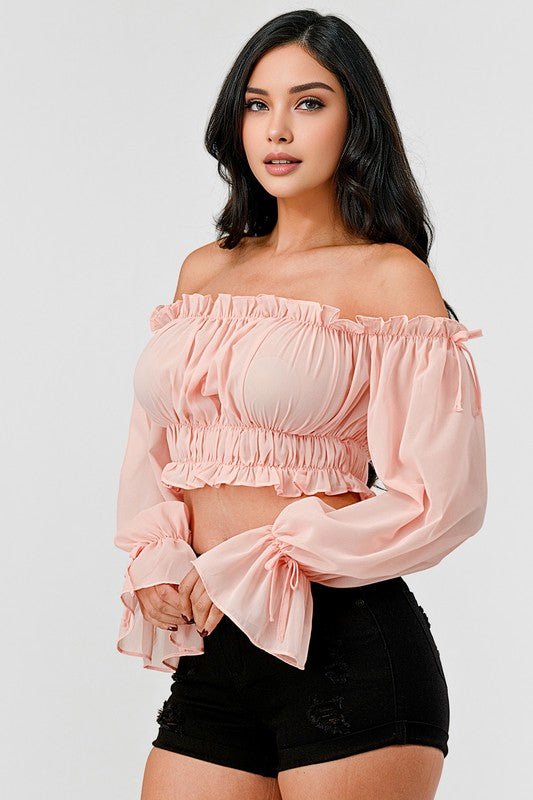 Off Shoulder Ruffle Trim Knot Sleeve Crop Top - Wear with style