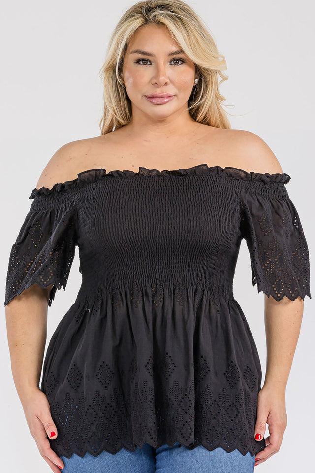 Off Shoulder Smocked Eyelet Top - Wear with style