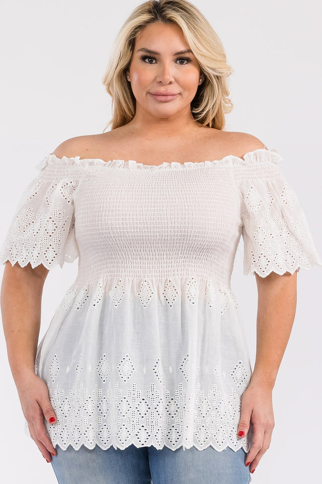 Off Shoulder Smocked Eyelet Top - Wear with style