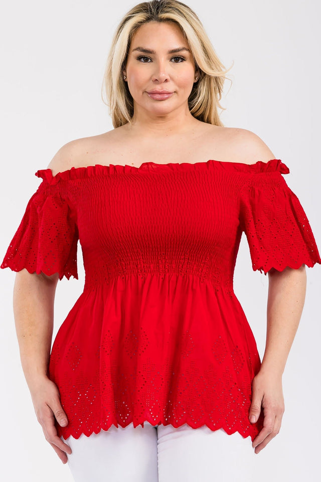 Off Shoulder Smocked Eyelet Top - Wear with style