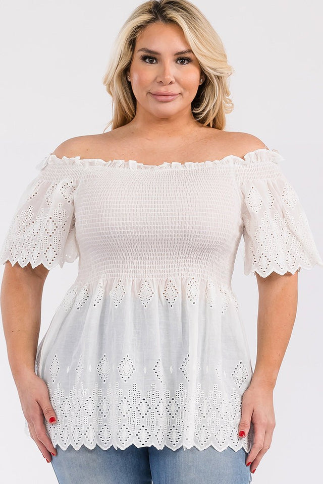 Off Shoulder Smocked Eyelet Top - Wear with style