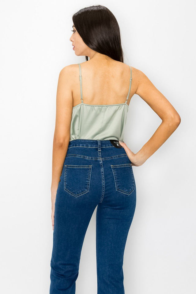 Olive Satin Scallop V - Neck Cami Top – Adjustable Straps & Square Back - Wear with style