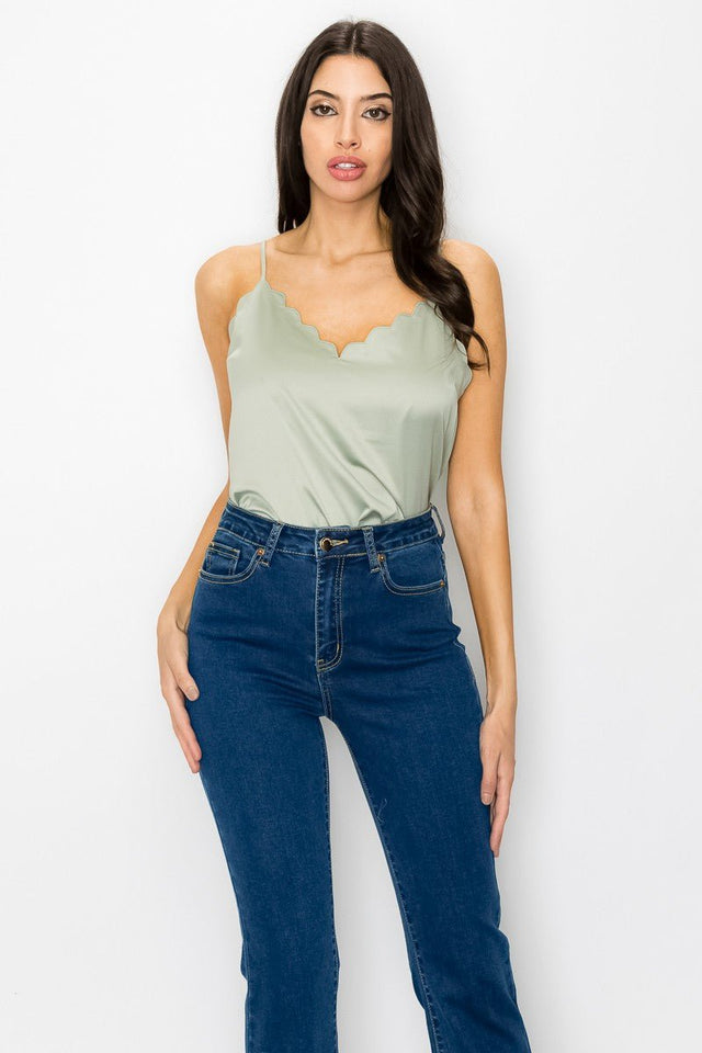 Olive Satin Scallop V - Neck Cami Top – Adjustable Straps & Square Back - Wear with style