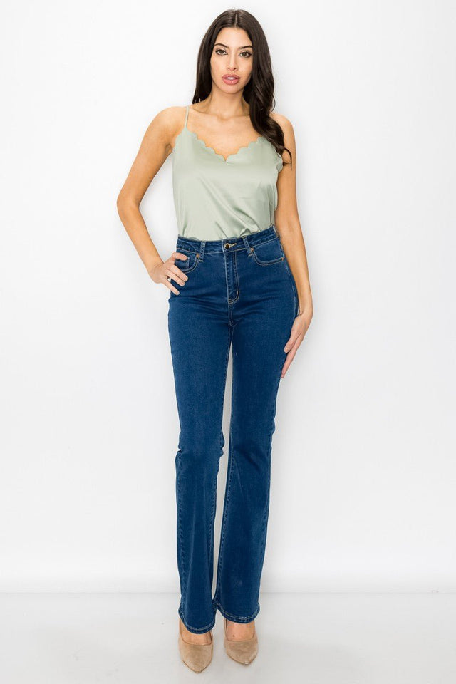 Olive Satin Scallop V - Neck Cami Top – Adjustable Straps & Square Back - Wear with style