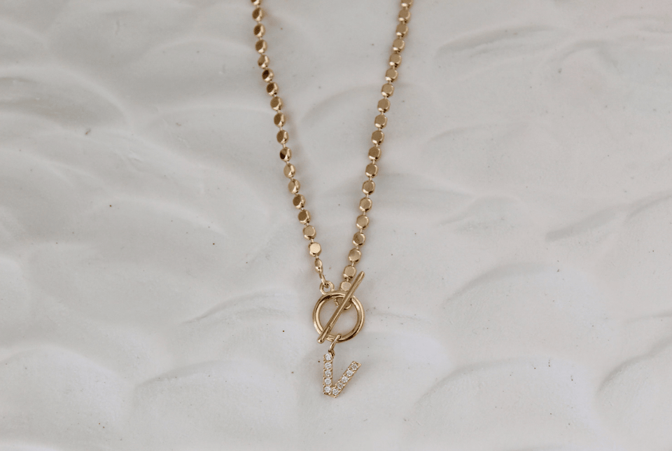 Pave Initial Pendant 3mm Disc Toggle Bar Necklace - Wear with style