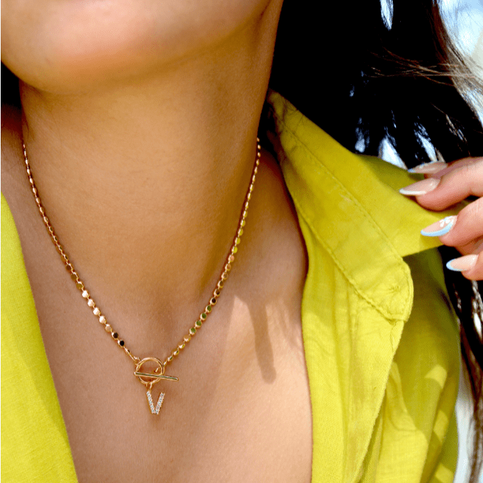 Pave Initial Pendant 3mm Disc Toggle Bar Necklace - Wear with style
