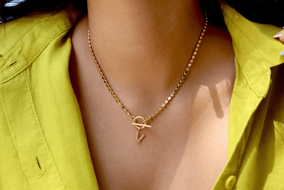 Pave Initial Pendant 3mm Disc Toggle Bar Necklace - Wear with style