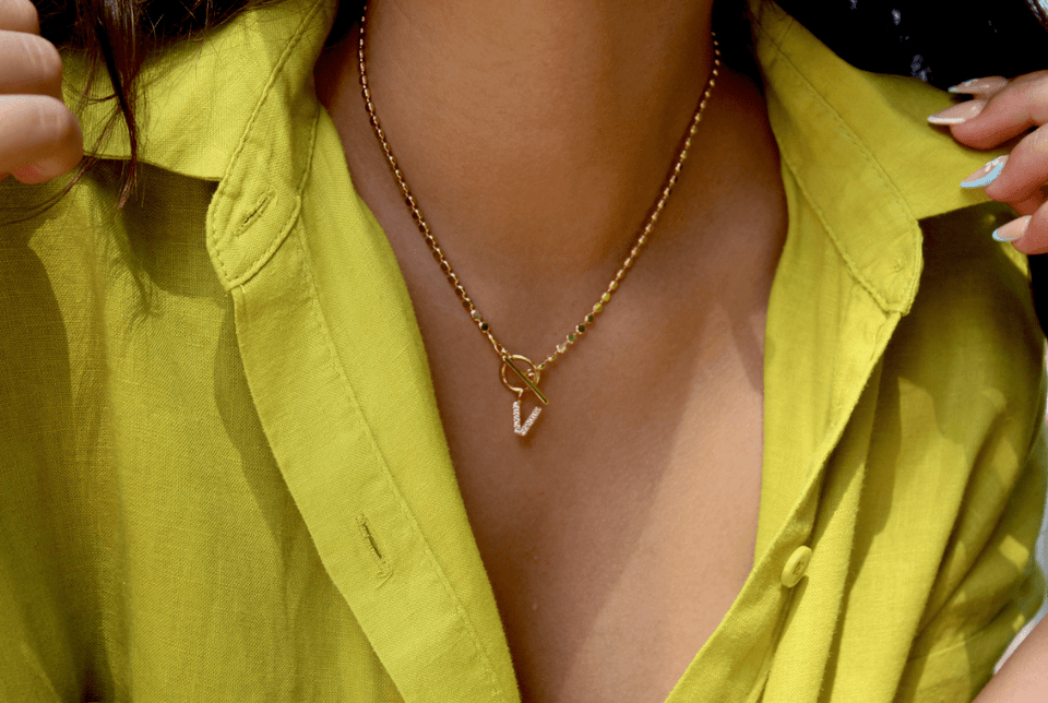 Pave Initial Pendant 3mm Disc Toggle Bar Necklace - Wear with style