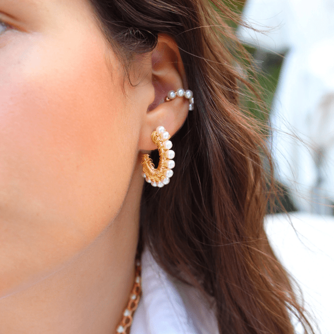 Pearl Wire Wrapped Gold Hoop Earrings & Pearl Ear Cuffs - Wear with style