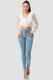 POLKA DOT MESH V-NECK RUFFLE DRAPED DRAWSTRING BOW PUFF LONG SLEEVES CROPPED TOP - Wear with style