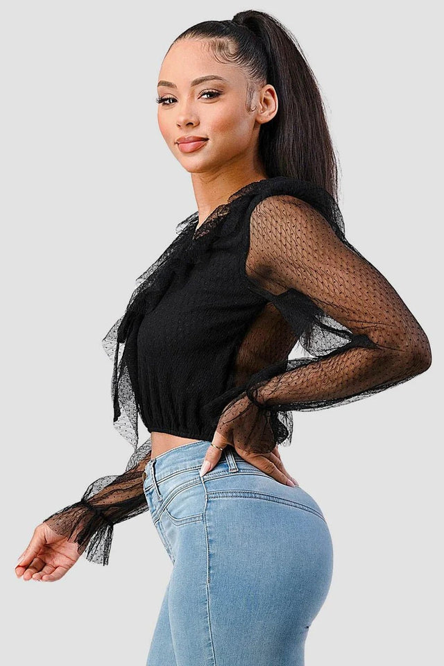 POLKA DOT MESH V-NECK RUFFLE DRAPED DRAWSTRING BOW PUFF LONG SLEEVES CROPPED TOP - Wear with style