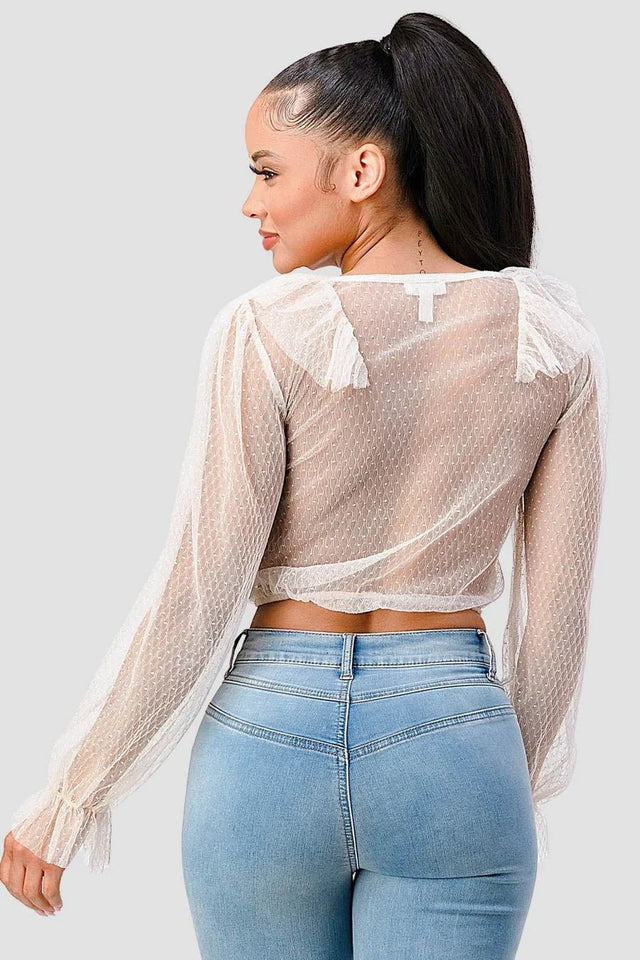 POLKA DOT MESH V-NECK RUFFLE DRAPED DRAWSTRING BOW PUFF LONG SLEEVES CROPPED TOP - Wear with style