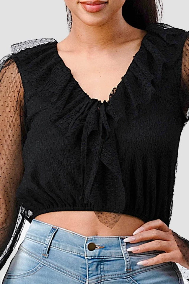 POLKA DOT MESH V-NECK RUFFLE DRAPED DRAWSTRING BOW PUFF LONG SLEEVES CROPPED TOP - Wear with style