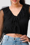 POLKA DOT MESH V-NECK RUFFLE DRAPED DRAWSTRING BOW PUFF LONG SLEEVES CROPPED TOP - Wear with style