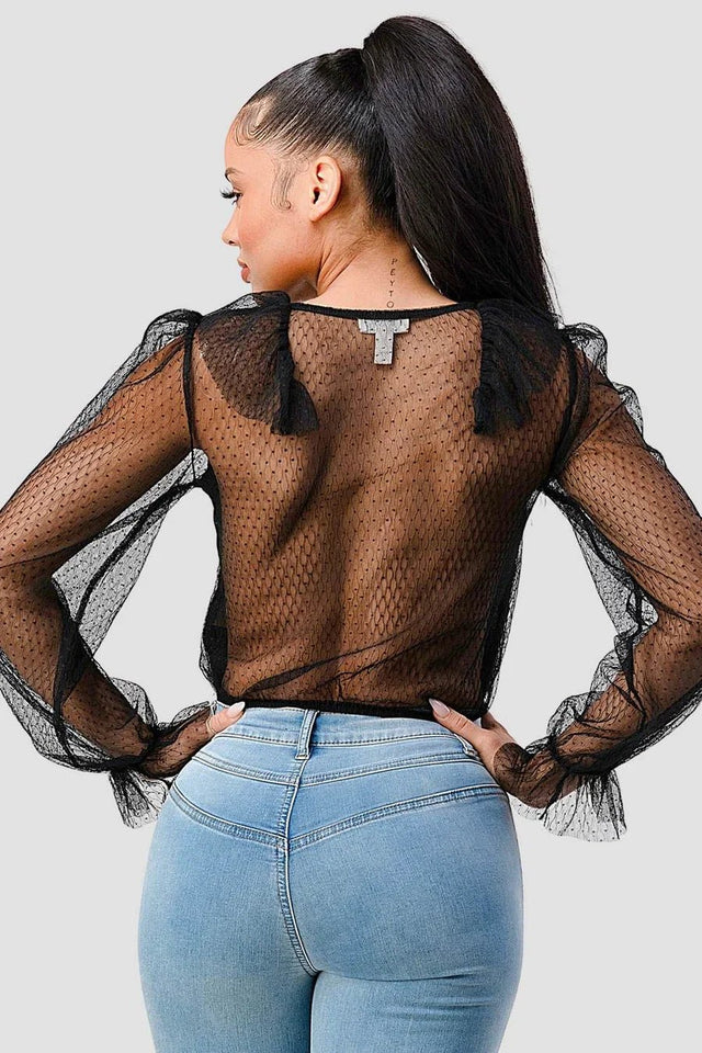 POLKA DOT MESH V-NECK RUFFLE DRAPED DRAWSTRING BOW PUFF LONG SLEEVES CROPPED TOP - Wear with style