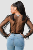 POLKA DOT MESH V-NECK RUFFLE DRAPED DRAWSTRING BOW PUFF LONG SLEEVES CROPPED TOP - Wear with style