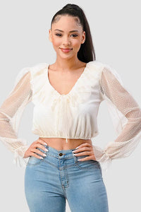 POLKA DOT MESH V-NECK RUFFLE DRAPED DRAWSTRING BOW PUFF LONG SLEEVES CROPPED TOP - Wear with style