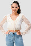 POLKA DOT MESH V-NECK RUFFLE DRAPED DRAWSTRING BOW PUFF LONG SLEEVES CROPPED TOP - Wear with style