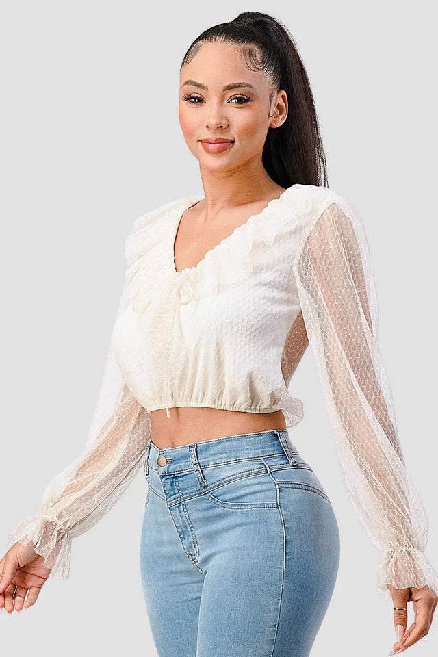 POLKA DOT MESH V-NECK RUFFLE DRAPED DRAWSTRING BOW PUFF LONG SLEEVES CROPPED TOP - Wear with style
